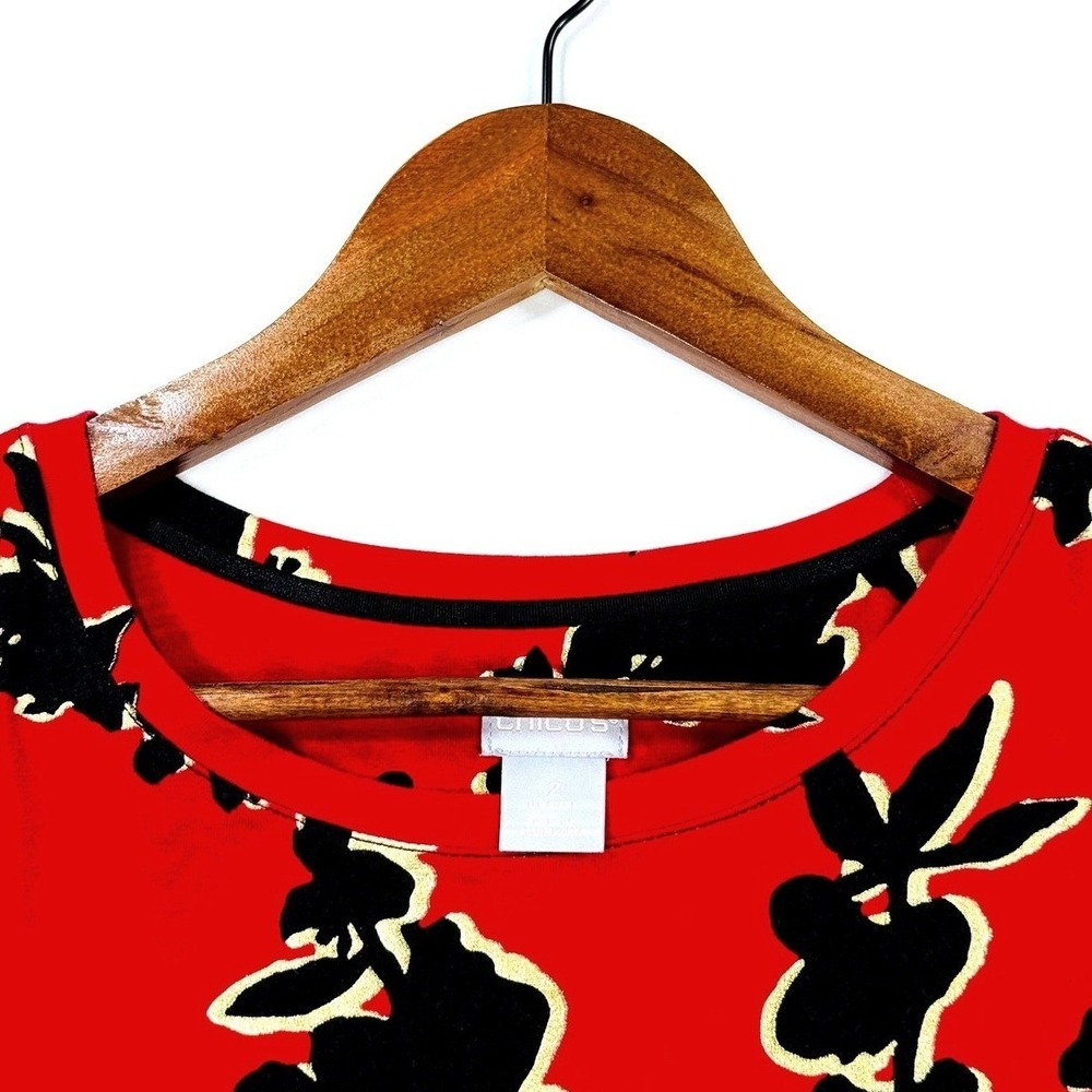 Chico's, Red Black Floral Print, Mid Sleeve, Women's Size‎ L